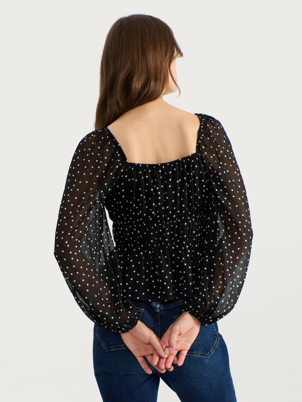 Bershka Black Polka Dot Square-Neck Peasant Blouse